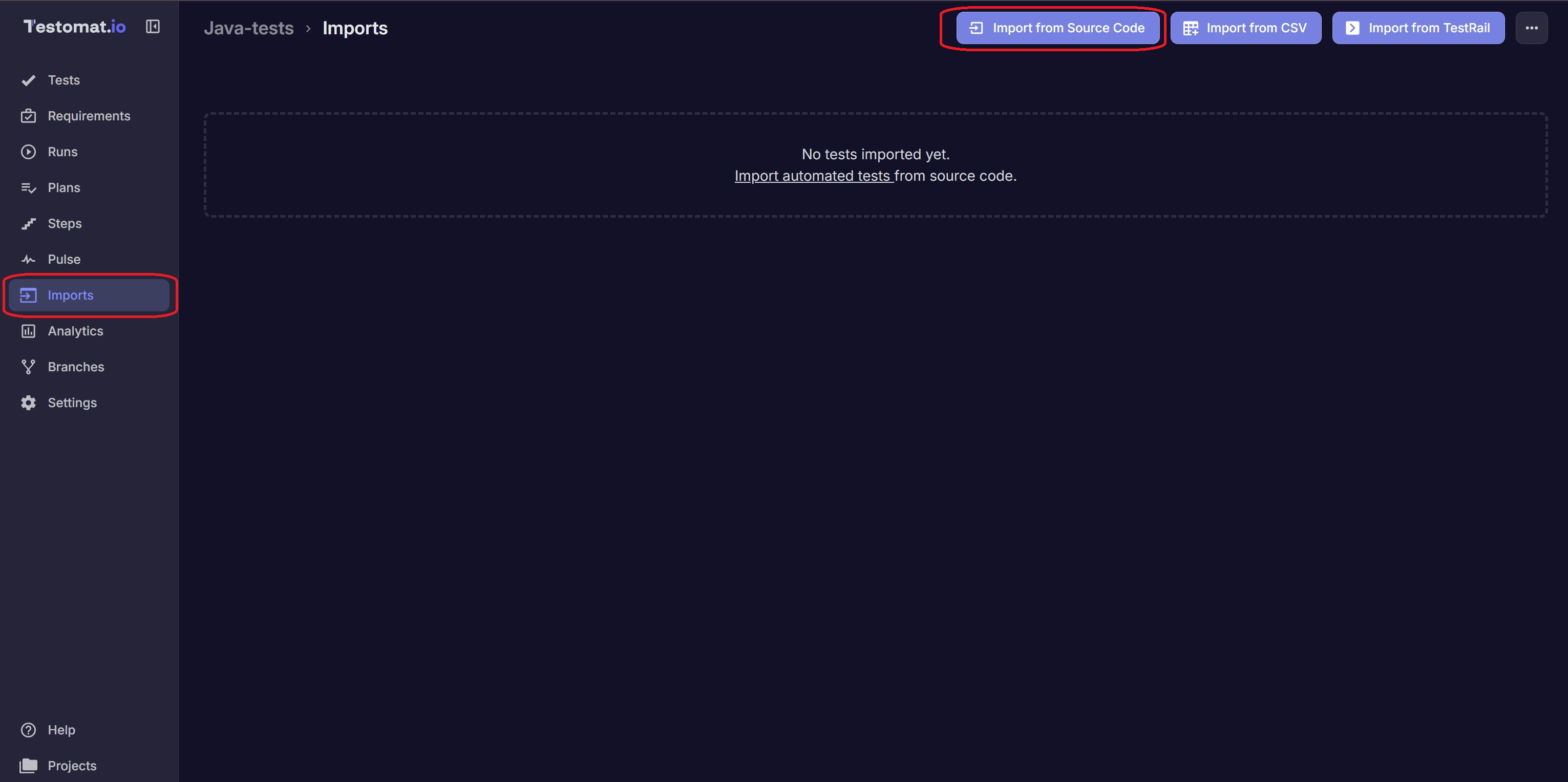 Testomat.io - Import Java Project from Source Code